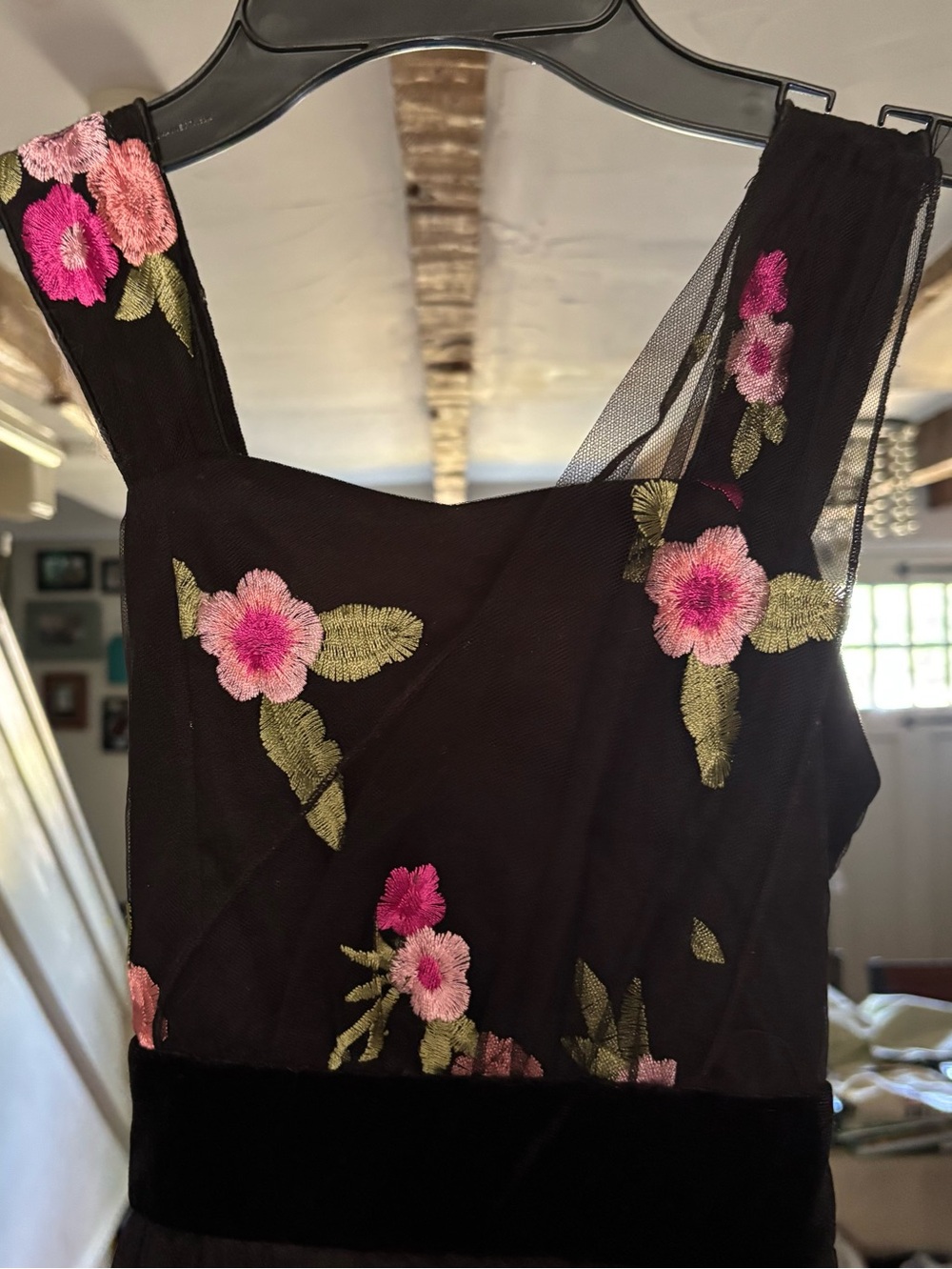 Amy Byer Black Midi Dress with Pink Floral Embroidery and Tulle Size 8 - Picture 2 of 9